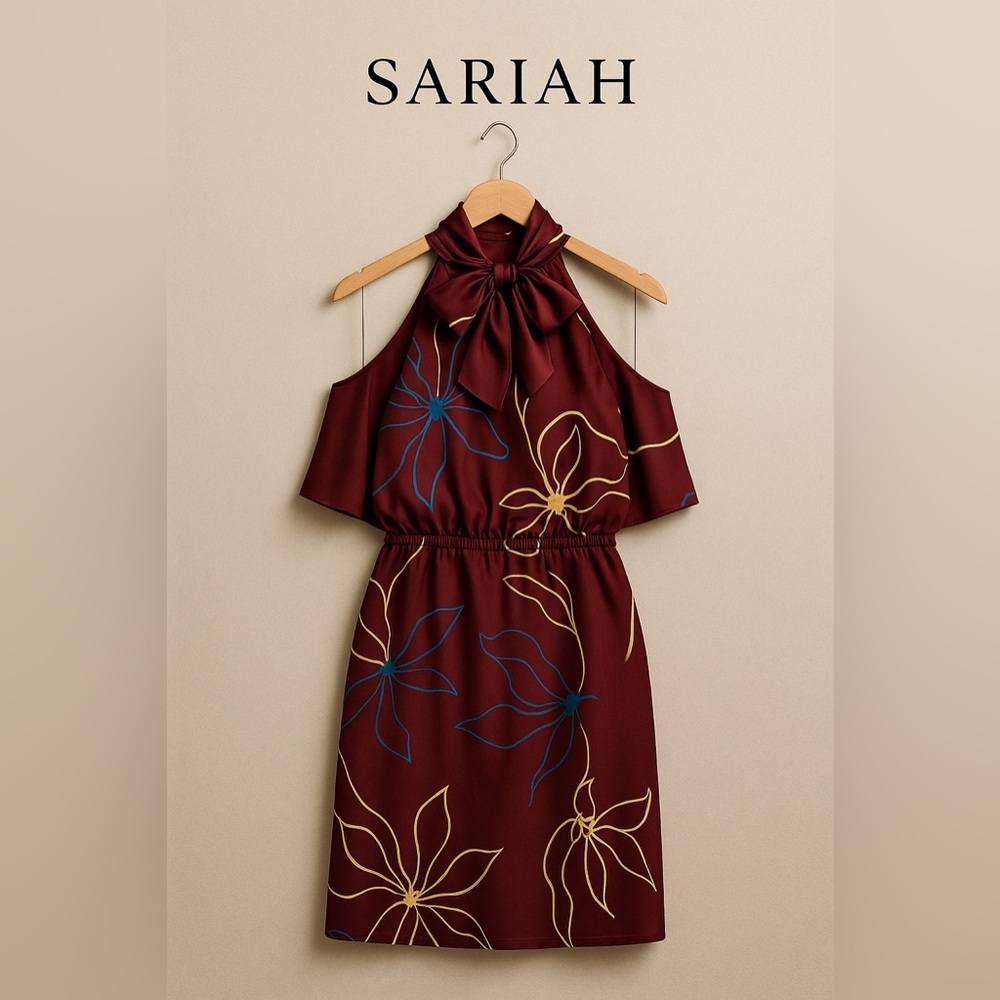 Sariah Limited Edition 3/28 Cold Shoulder High Neck Bow Burgundy Print Dress XS